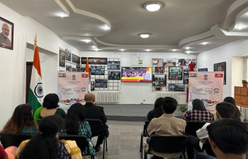 Ambassador Arun K. Chatterjee viewing the 100th Episode of Mann Ki Baat alongwith Embassy Officials and the Indian Community in the Kyrgyz Republic on 30 April 2023